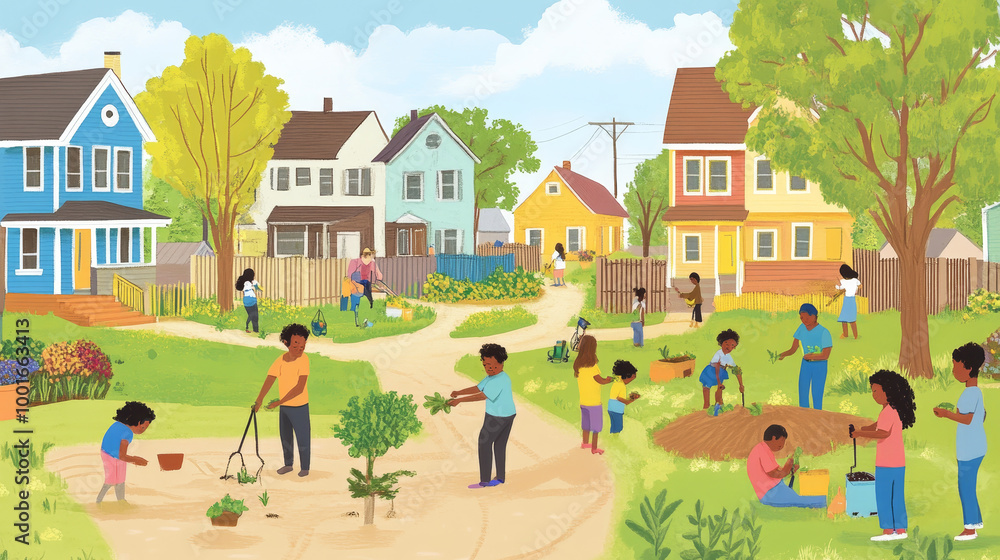 Show a neighborhood evolving over time, with new homes, schools, and parks emerging. People plant trees, build houses, and engage in community activities, symbolizing societal development. Show a neighborhood evolving over time, with new homes, schools, and parks emerging. People plant trees, build houses, and engage in community activities, symbolizing societal development.