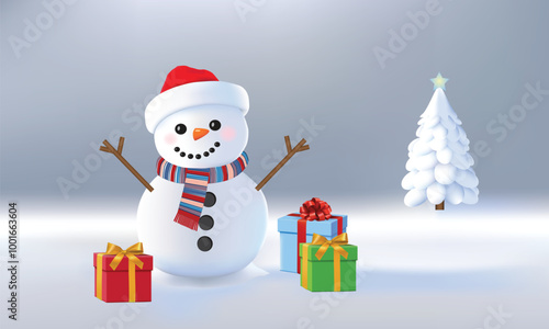 Cute cheerful smiling snowman in the snow, surrounded by colorful boxes with gifts. Christmas tree in the background. Vector illustration