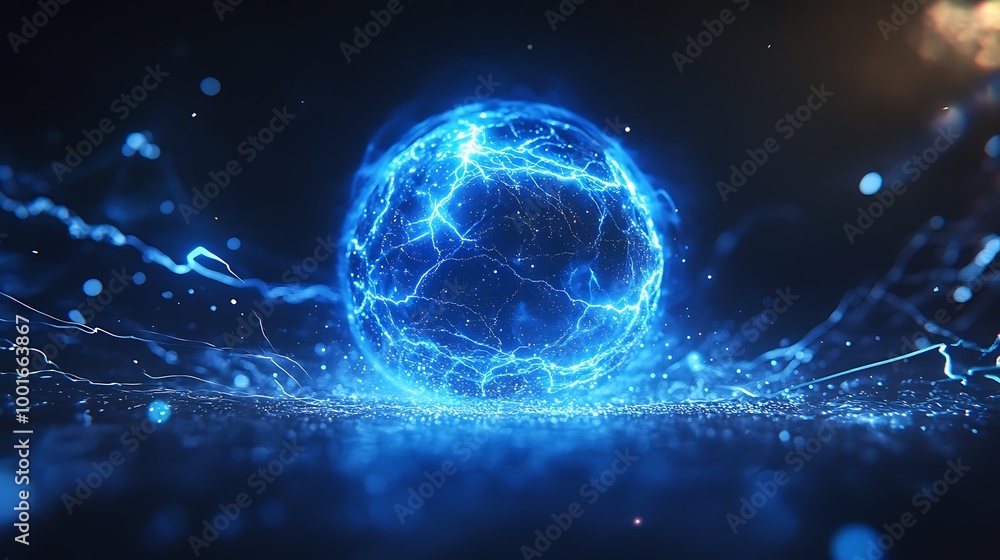 Obraz premium Abstract 3D Rendering of a Blue Energy Ball with Lightning Effects