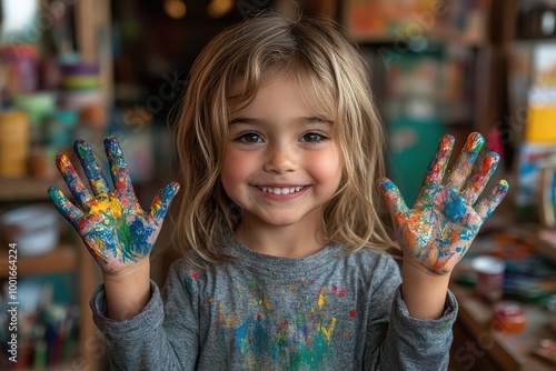 a small child proudly displaying paintsmeared hands after a creative painting session surrounded by a colorful array of art supplies capturing innocence and creativity photo