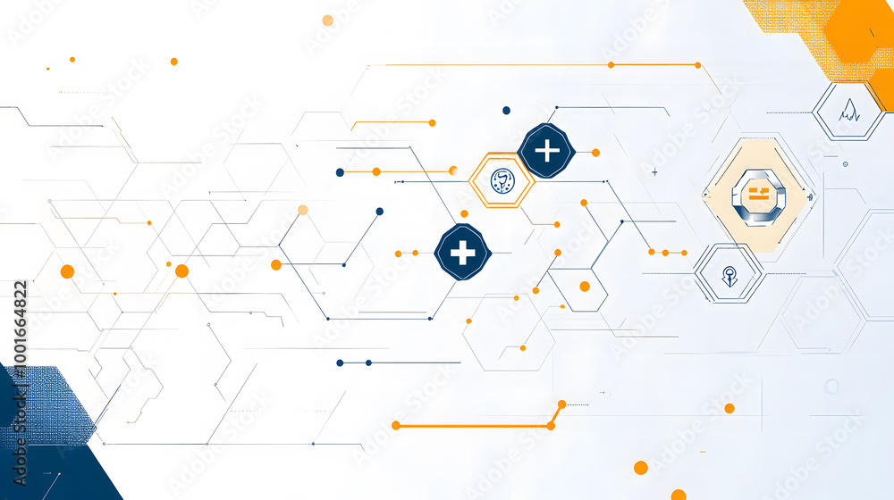 Fototapeta premium Abstract Medical Technology Background with Hexagonal Elements and Heartbeat Line
