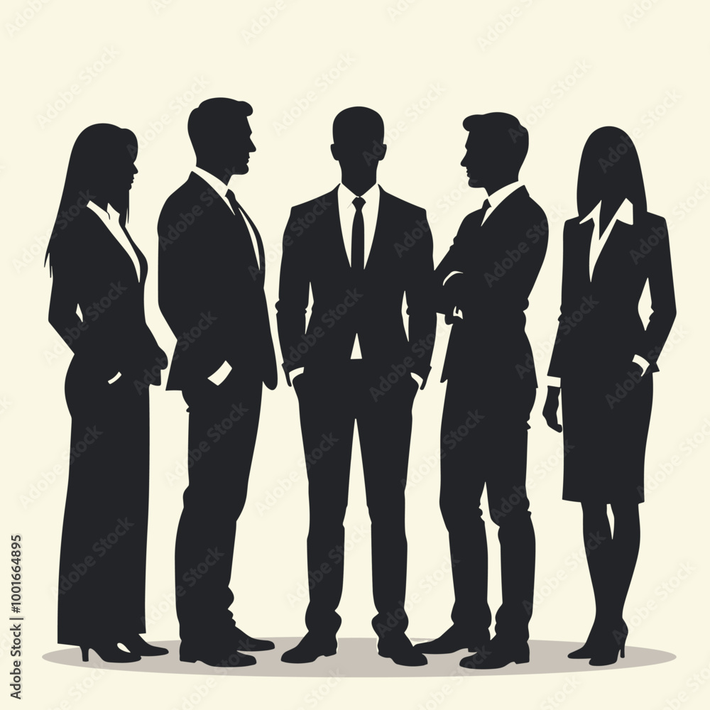 Silhouettes of five business professionals standing and engaging in conversation, showcasing teamwork. Silhouettes of five business professionals standing and engaging in conversation, showcasing teamwork.