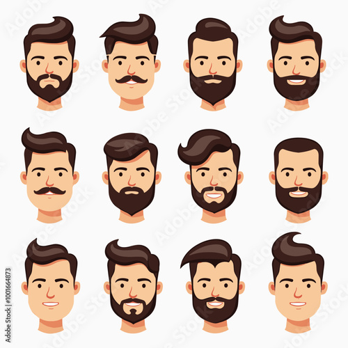 A collection of diverse male avatars featuring various hairstyles, facial hair styles, and expressions.