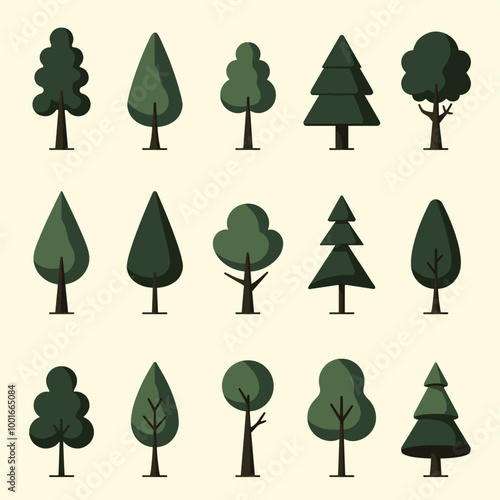 Vector illustrations of various tree types, each uniquely stylized with simple, clean lines and shades of green.