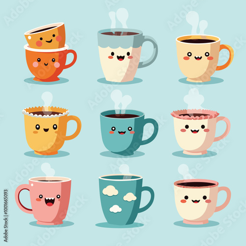 Cute and colorful coffee mugs with smiling faces, each adorned with unique designs, on a light blue background.