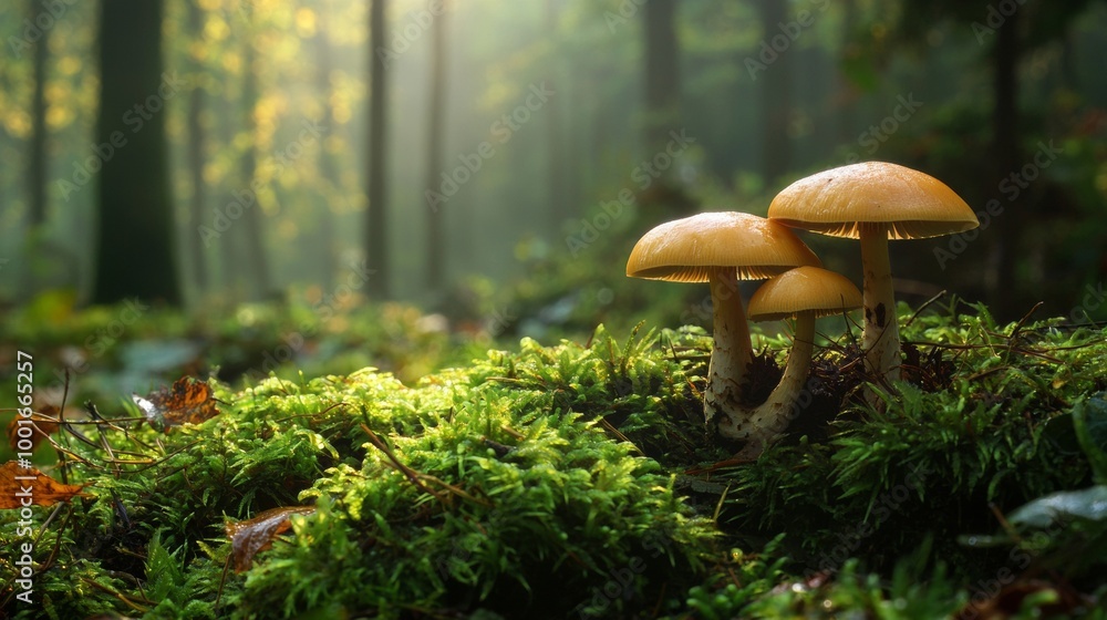 Fototapeta premium Golden mushrooms growing in mossy forest under soft sunlight