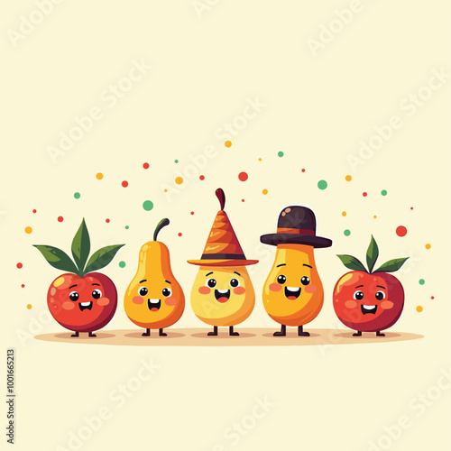 Cute cartoon fruits with happy faces wearing hats, standing in a line on a beige background.