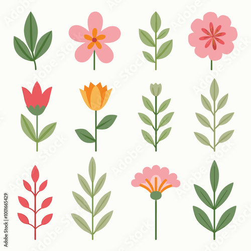 Colorful illustrations of various flowers and leaves against a light background.