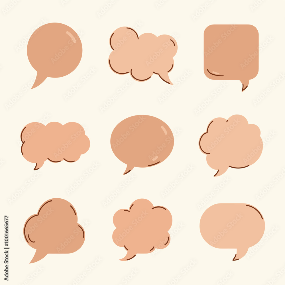 Collection of nine blank speech bubbles in various shapes on a beige background. Collection of nine blank speech bubbles in various shapes on a beige background.