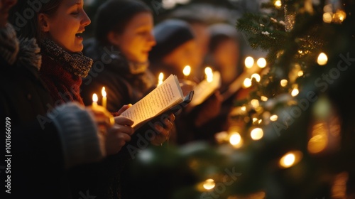 People holding candles and singing Christmas carols during a festive outdoor gathering at night