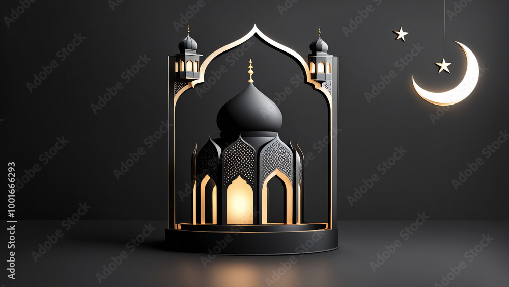 3d lantern with mosque and banneroud in elegant color background 3d lantern with mosque and banneroud in elegant color background