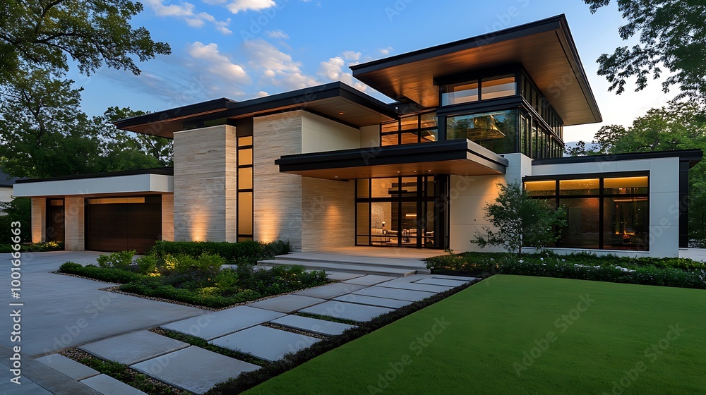 Modern Luxury Home with Stone Facade and Large Windows Modern Luxury Home with Stone Facade and Large Windows
