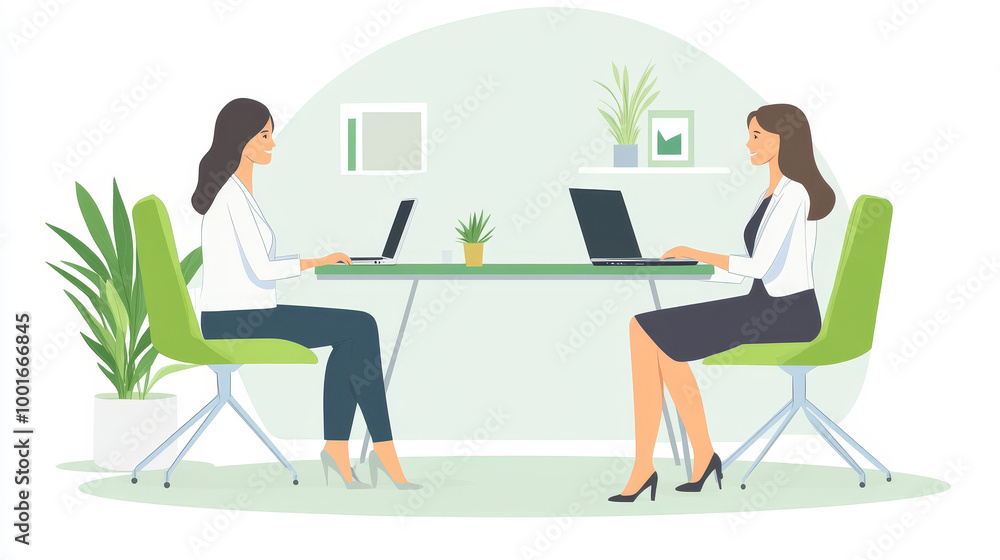 Two businesswomen, sit at a desk in a creative, green-themed office. They engage in conversation while using a laptop, reflecting a professional and collaborative work environment. Two businesswomen, sit at a desk in a creative, green-themed office. They engage in conversation while using a laptop, reflecting a professional and collaborative work environment.