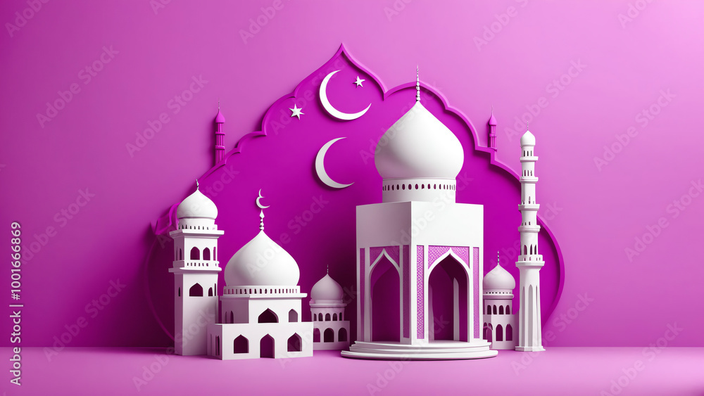 3d lantern with mosque and banneroud in elegant color background 3d lantern with mosque and banneroud in elegant color background