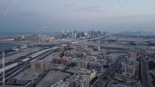 Aerial shot for Katara Towers and Commercial Boulevard in Qatar