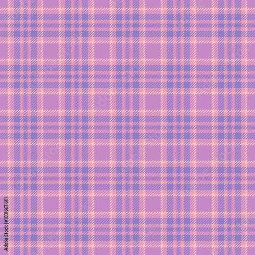 Feminine fabric textile texture, 70s plaid background check. Tissue tartan pattern seamless vector in purple and indigo colors.