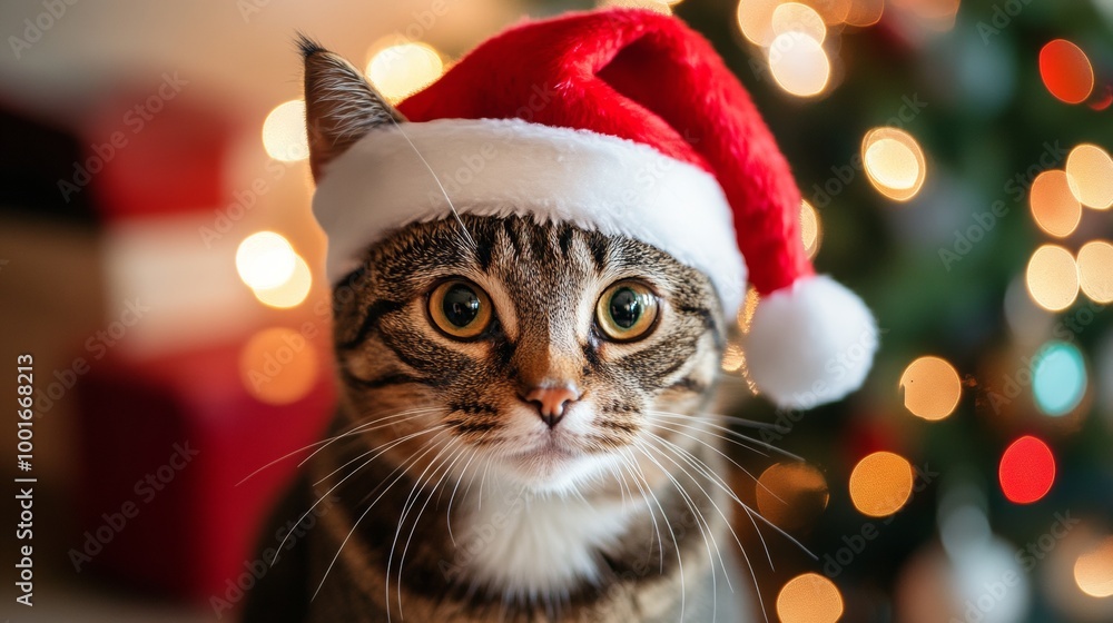A festive cat wearing a Santa hat in front of a beautifully decorated Christmas tree during the holiday season A festive cat wearing a Santa hat in front of a beautifully decorated Christmas tree during the holiday season