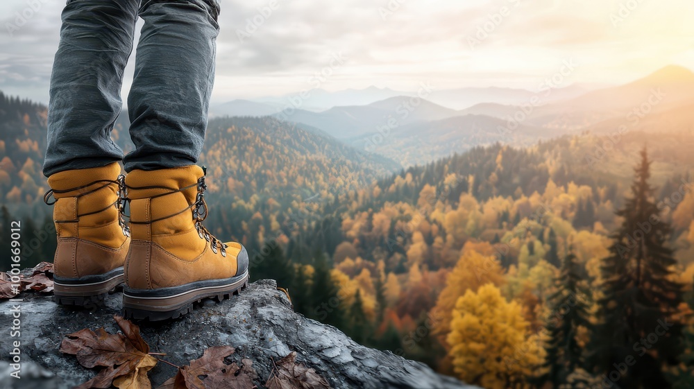 Hiker's boots on rock, overlooking autumn forest landscape, scenic mountain view. Hiker's boots on rock, overlooking autumn forest landscape, scenic mountain view.