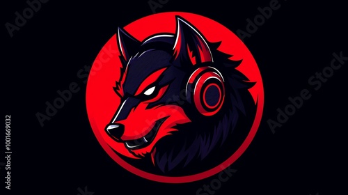 Wallpaper Mural Wolf wearing headphones in red circle on black background. Gaming, music, animal mascot logo. Torontodigital.ca
