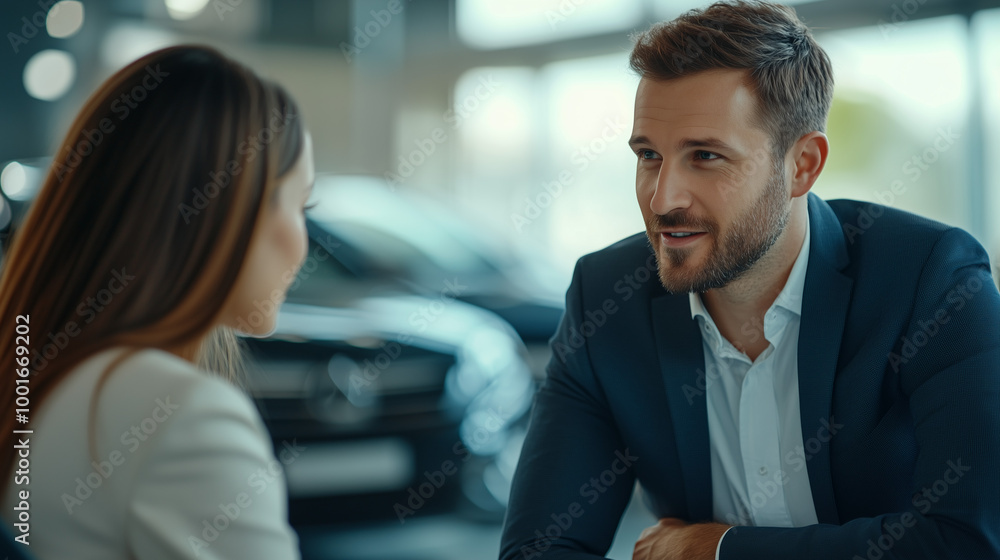Indoor Business Conversation in Dealership. A man and woman engage in a professional conversation in a dealership. Suitable for business, automotive, and corporate event promotions. Indoor Business Conversation in Dealership. A man and woman engage in a professional conversation in a dealership. Suitable for business, automotive, and corporate event promotions.