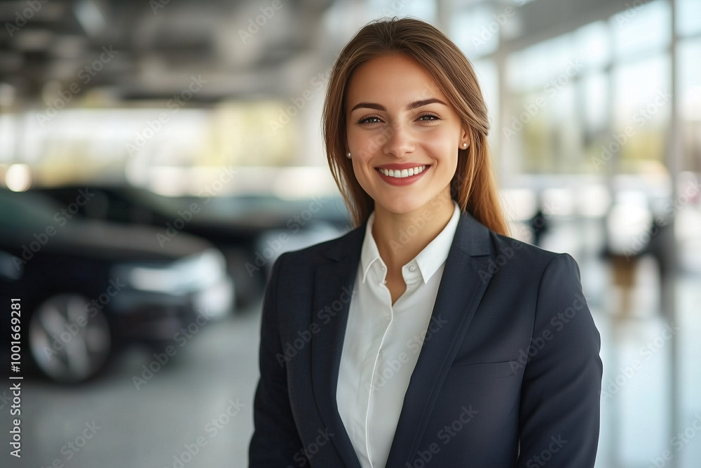 A confident young woman smiles in a car dealership, ideal for marketing or promotional materials related to automotive sales. A confident young woman smiles in a car dealership, ideal for marketing or promotional materials related to automotive sales.