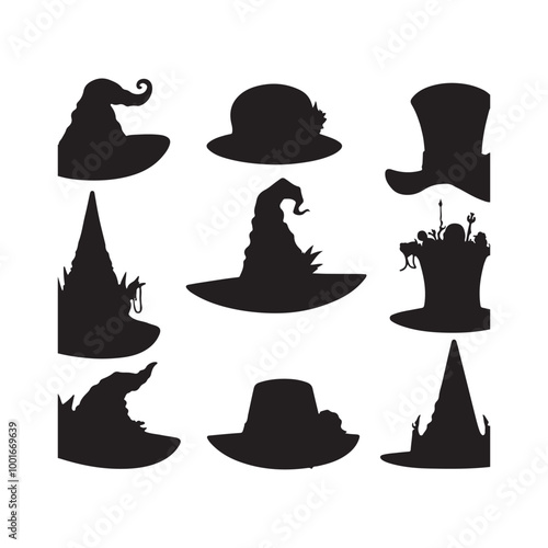 Vintage headwear accessories cast a spell with enchanter's hats silhouette on white background
