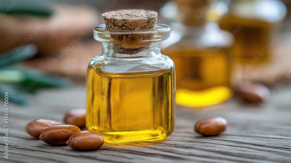 Pure argan oil in rustic setting for natural skincare and beauty treatments