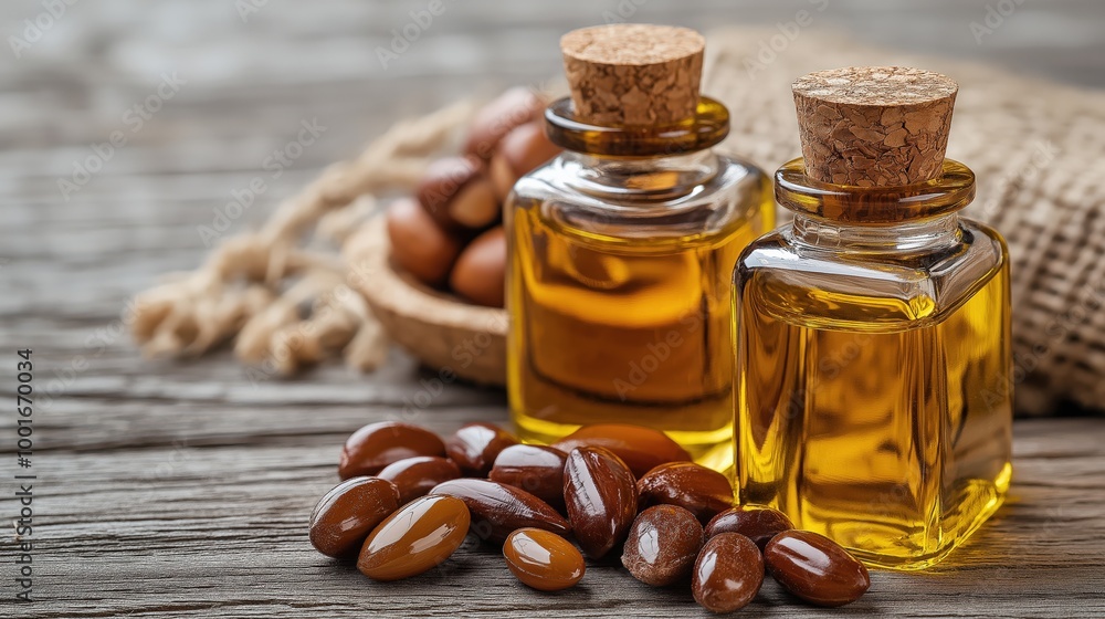Natural argan oil on rustic wooden surface for skincare and wellness Natural argan oil on rustic wooden surface for skincare and wellness