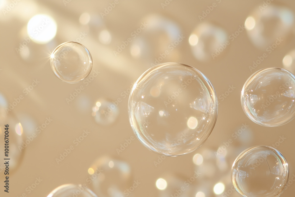 Soap bubbles close up detail flying in spa relaxing studio against beige background, sunshine shadows. Soap bubbles close up detail flying in spa relaxing studio against beige background, sunshine shadows.
