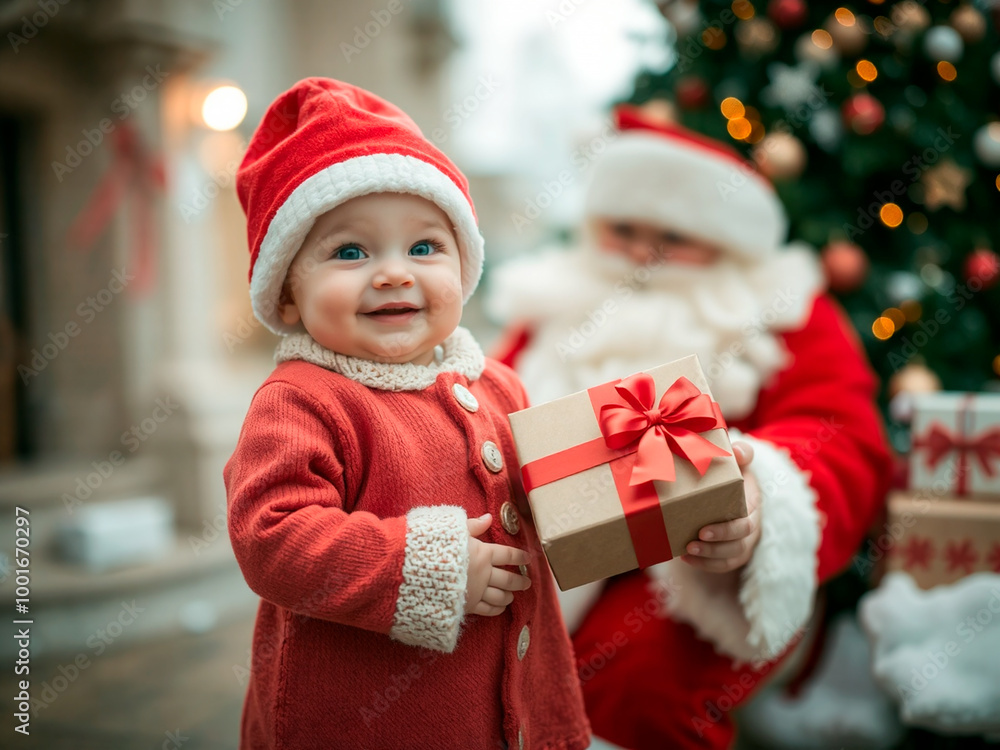 A happy little boy takes a present from santa claus A happy little boy takes a present from santa claus