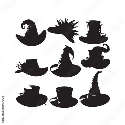 Vintage headwear accessories cast a spell with enchanter's hats silhouette on white background
