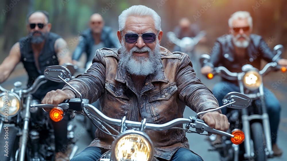 Group of Senior Men Riding Motorcycles, Adventure, Freedom, Retirement Lifestyle Group of Senior Men Riding Motorcycles, Adventure, Freedom, Retirement Lifestyle