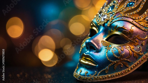 A close-up of a vibrant masquerade mask adorned with jewels, set against a background of colorful bokeh lights, evoking mystery and celebration. photo