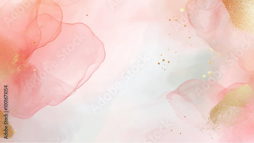 Abstract beauty pink watercolor wash background with golden streaks