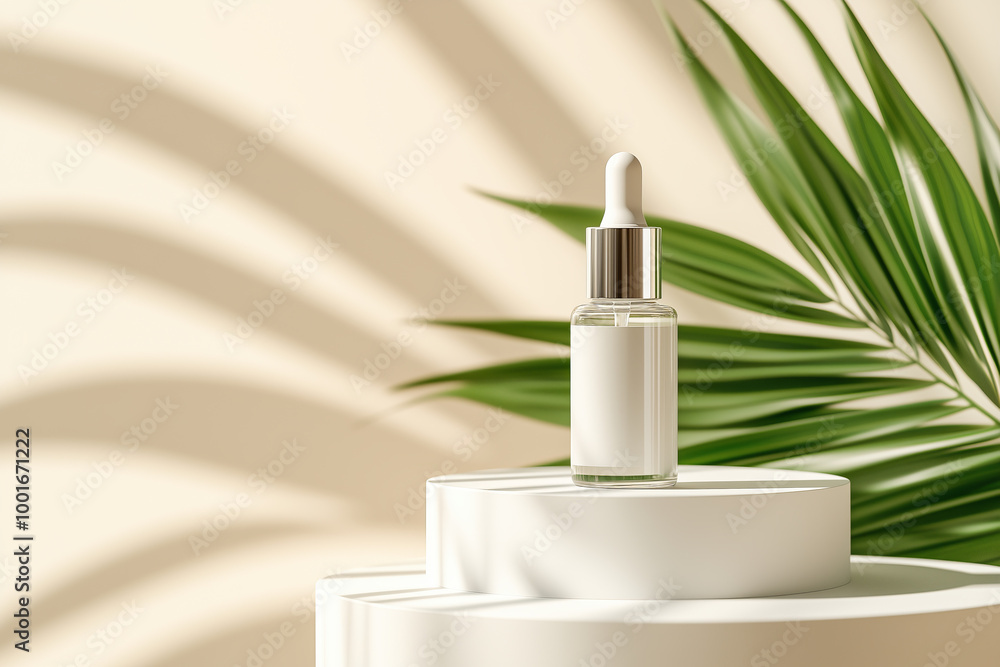 White blank cosmetic skincare mockup bottle dropper product ad on 3D podium with exotic palm leaf against beige background. Spa and cosmetics ad. White blank cosmetic skincare mockup bottle dropper product ad on 3D podium with exotic palm leaf against beige background. Spa and cosmetics ad.