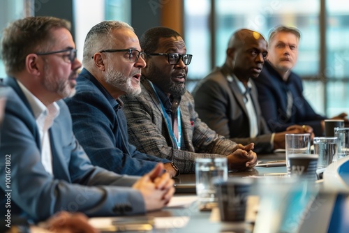 A group of men are sitting at a table, some of them wearing ties, generative ai image photo