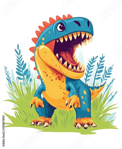 Cute cartoon dinosaur roaring in a green field. Funny dinosaur illustration for kids. photo