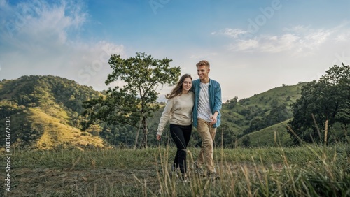 Loving young couple hiking on the hills together 