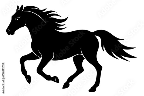 Horse running silhouette vector illustration featuring a dynamic galloping horse design ideal for equestrian art, logos, decor, and wildlife themes in black minimalist style.