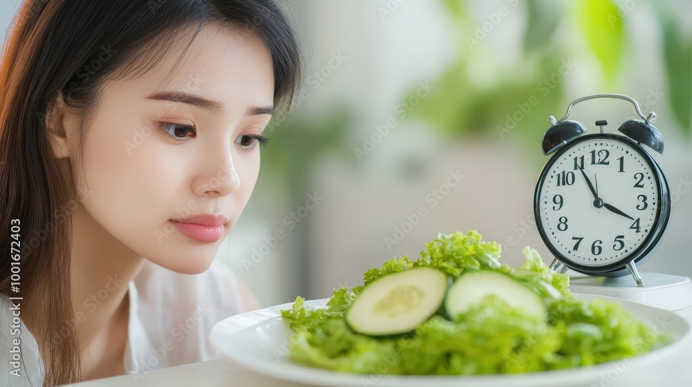 Joyful Reflections: Young Woman's Intermittent Fasting Journey with Nutritious Salad and Clock Joyful Reflections: Young Woman's Intermittent Fasting Journey with Nutritious Salad and Clock