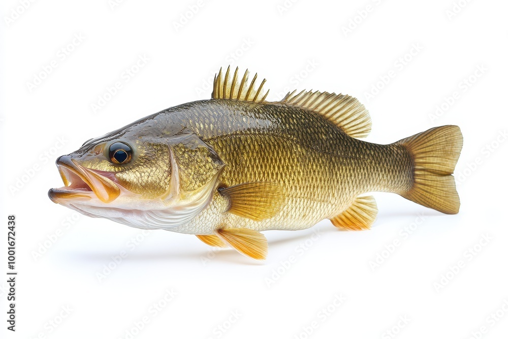 Single Close-Up of Isolated Bass Fish on White Background Single Close-Up of Isolated Bass Fish on White Background