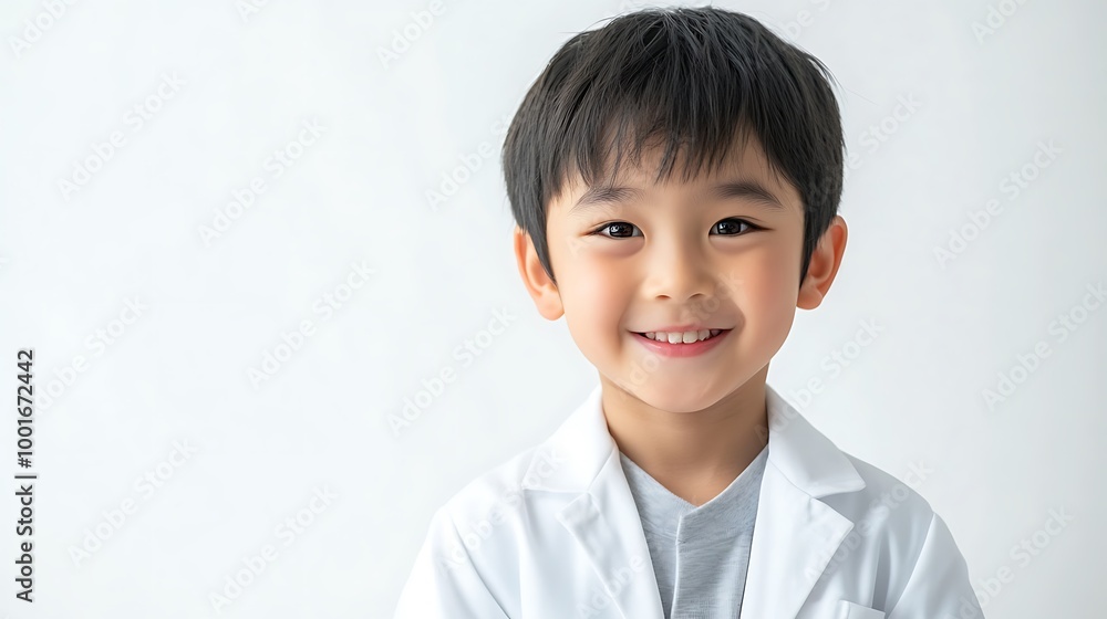 Smiling Asian boy doctor kid wearing white coat on white background Smiling Asian boy doctor kid wearing white coat on white background