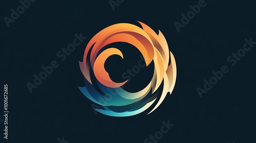 Abstract circular logo with gradient colors on dark blue background