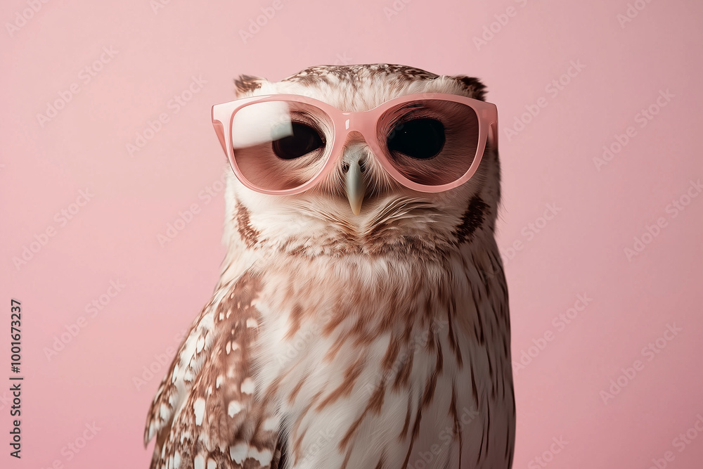 Creative animal concept. Owl bird in sunglass shade glasses isolated on solid pastel background, commercial, editorial advertisement, surreal surrealism Creative animal concept. Owl bird in sunglass shade glasses isolated on solid pastel background, commercial, editorial advertisement, surreal surrealism