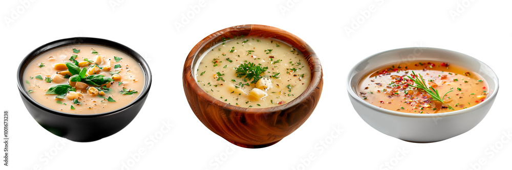 Garlic soup isolated on white or transparent background. Close-up Garlic soup in a wooden, black and white plate. Side view. Traditional Spanish dish. Garlic soup isolated on white or transparent background. Close-up Garlic soup in a wooden, black and white plate. Side view. Traditional Spanish dish.