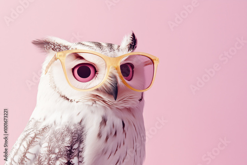 Creative animal concept. Owl bird in sunglass shade glasses isolated on solid pastel background, commercial, editorial advertisement, surreal surrealism photo