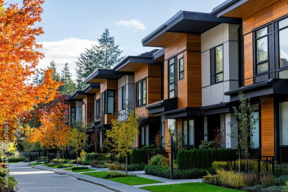 Modern Townhomes on Scenic Street in Autumn Modern Townhomes on Scenic Street in Autumn
