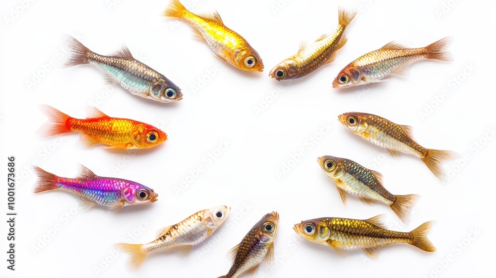 Small Fish in Circular Arrangement on White Background Small Fish in Circular Arrangement on White Background