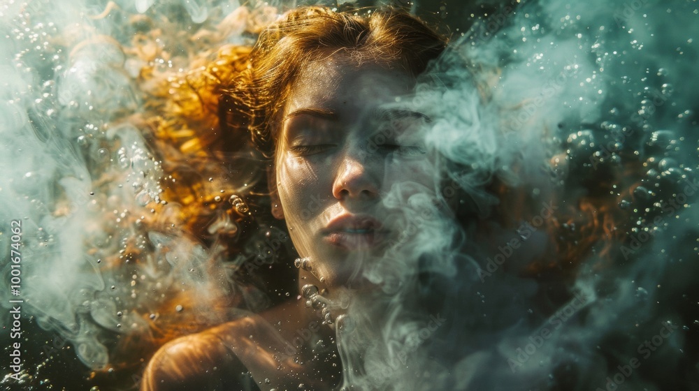 Woman submerged underwater with bubbles and ethereal lighting Woman submerged underwater with bubbles and ethereal lighting