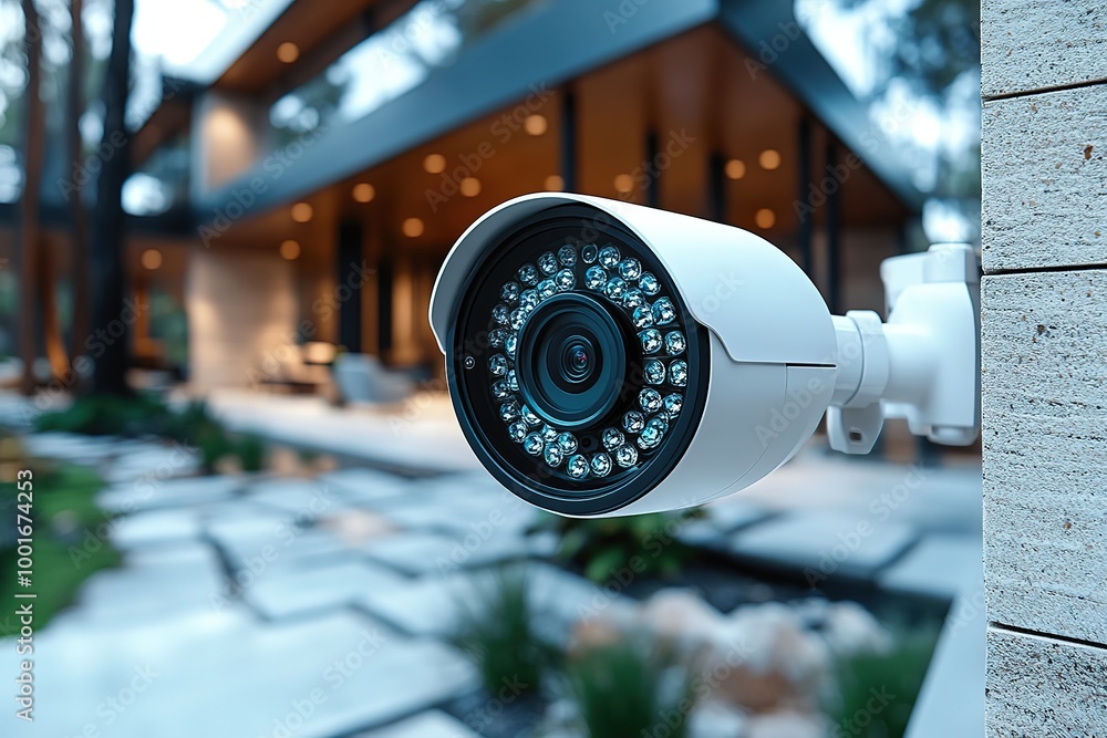 Smart IP security video camera installed on a modern home exterior wall Smart IP security video camera installed on a modern home exterior wall